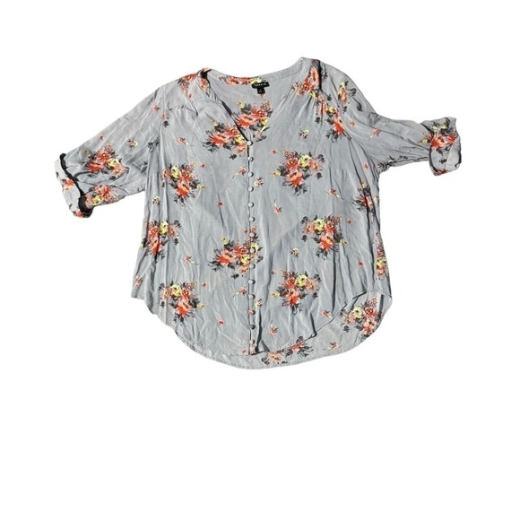 Torrid Women's Size 1 Blouse Gray Pink Yellow Floral Tab Sleeve Button Front - Picture 4 of 11